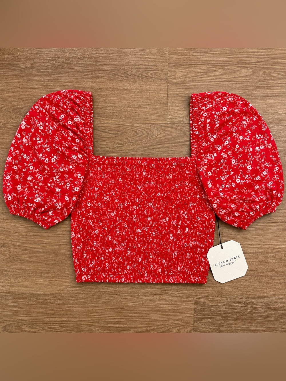 Altar'd State Red Floral Smocked Crop Top with Puff Sleeves